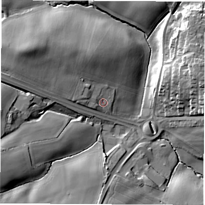 Shaded relief map of the ground around LS251NB, computed from Environment Agency LiDAR. The ground here sits at about 55 m above sea level and falls 31 m across the surrounding 800 m. Surface water reaching this point runs off ground lying to the west, 4.3 m higher.