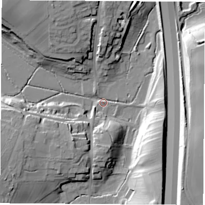 Shaded relief map of the ground around LS253AA, computed from Environment Agency LiDAR. The ground here sits at about 36 m above sea level and falls 28 m across the surrounding 800 m. Surface water reaching this point runs off ground lying to the north-west, 21.8 m higher.