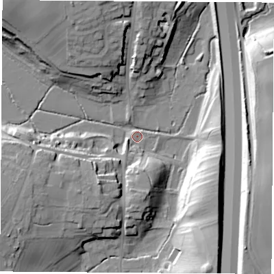 Shaded relief map of the ground around LS253AD, computed from Environment Agency LiDAR. The ground here sits at about 36 m above sea level and falls 28 m across the surrounding 800 m. Surface water reaching this point runs off ground lying to the west-south-west, 21.7 m higher.