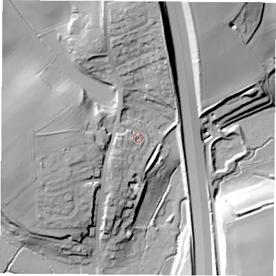 Shaded relief map of the ground around LS253AN, computed from Environment Agency LiDAR. The ground here sits at about 42 m above sea level and falls 31 m across the surrounding 800 m. Surface water reaching this point runs off ground lying to the south-west, 9.7 m higher.
