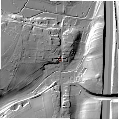 Shaded relief map of the ground around LS253DA, computed from Environment Agency LiDAR. The ground here sits at about 43 m above sea level and falls 30 m across the surrounding 800 m. Surface water reaching this point runs off ground lying to the north-west, 7.8 m higher.