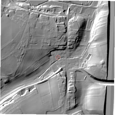 Shaded relief map of the ground around LS253DD, computed from Environment Agency LiDAR. The ground here sits at about 40 m above sea level and falls 30 m across the surrounding 800 m. Surface water reaching this point runs off ground lying to the south-west, 25.1 m higher.
