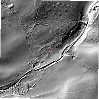 Shaded relief map of the ground around LS253EG, computed from Environment Agency LiDAR. The ground here sits at about 54 m above sea level and falls 26 m across the surrounding 800 m. Surface water reaching this point runs off ground lying to the north-north-west, 19.4 m higher.