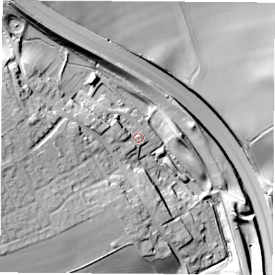 Shaded relief map of the ground around LS254EB, computed from Environment Agency LiDAR. The ground here sits at about 54 m above sea level and falls 29 m across the surrounding 800 m. Surface water reaching this point runs off ground lying to the west-north-west, 5.9 m higher.