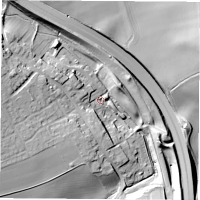 Shaded relief map of the ground around LS254EJ, computed from Environment Agency LiDAR. The ground here sits at about 50 m above sea level and falls 31 m across the surrounding 800 m. Surface water reaching this point runs off ground lying to the west-north-west, 18.5 m higher.