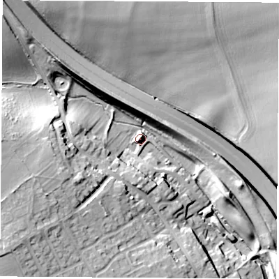 Shaded relief map of the ground around LS254EL, computed from Environment Agency LiDAR. The ground here sits at about 59 m above sea level and falls 27 m across the surrounding 800 m. Surface water reaching this point runs off ground lying to the west-south-west, 16.1 m higher.