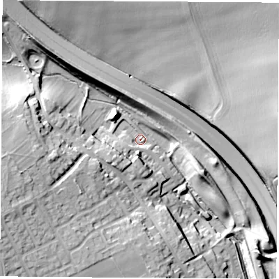 Shaded relief map of the ground around LS254EN, computed from Environment Agency LiDAR. The ground here sits at about 52 m above sea level and falls 26 m across the surrounding 800 m. Surface water reaching this point runs off ground lying to the south-west, 8.4 m higher.