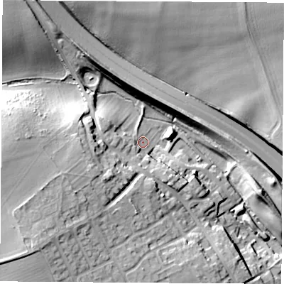 Shaded relief map of the ground around LS254EP, computed from Environment Agency LiDAR. The ground here sits at about 55 m above sea level and falls 26 m across the surrounding 800 m. Surface water reaching this point runs off ground lying to the west-south-west, 14.6 m higher.