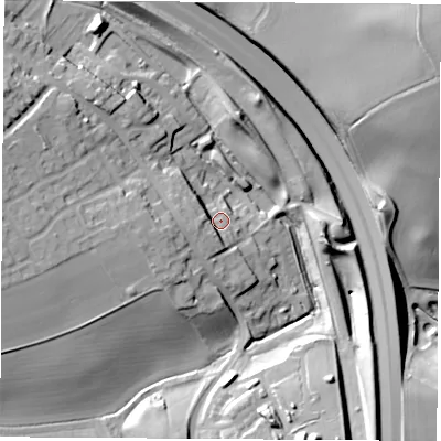 Shaded relief map of the ground around LS254FB, computed from Environment Agency LiDAR. The ground here sits at about 53 m above sea level and falls 34 m across the surrounding 800 m. Surface water reaching this point runs off ground lying to the west-south-west, 6.1 m higher.