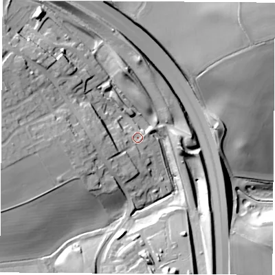 Shaded relief map of the ground around LS254FF, computed from Environment Agency LiDAR. The ground here sits at about 51 m above sea level and falls 36 m across the surrounding 800 m. Surface water reaching this point runs off ground lying to the north, 16.3 m higher.