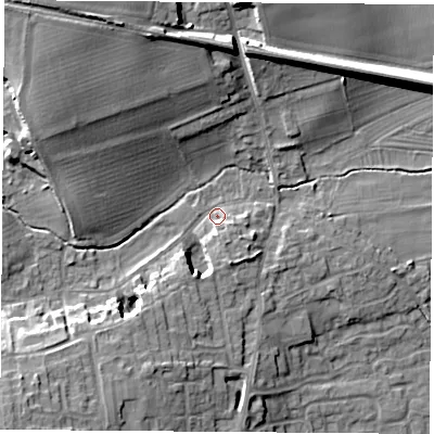 Shaded relief map of the ground around LS255AA, computed from Environment Agency LiDAR. The ground here sits at about 14 m above sea level and falls 17 m across the surrounding 800 m. Surface water reaching this point runs off ground lying to the south-west, 6.0 m higher.