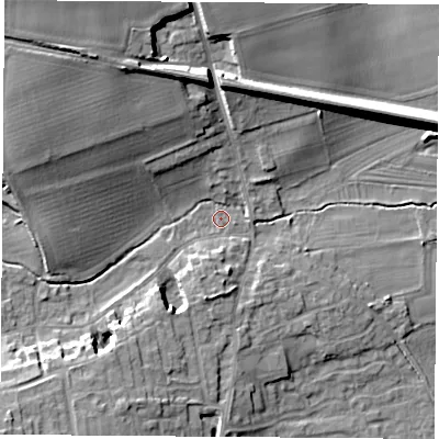 Shaded relief map of the ground around LS255AB, computed from Environment Agency LiDAR. The ground here sits at about 13 m above sea level and falls 18 m across the surrounding 800 m. Surface water reaching this point runs off ground lying to the west-north-west, 13.2 m higher.