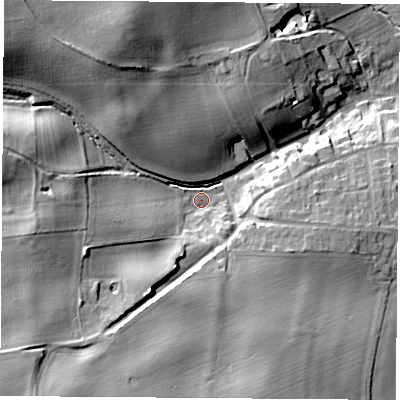 Shaded relief map of the ground around LS255AH, computed from Environment Agency LiDAR. The ground here sits at about 22 m above sea level and falls 25 m across the surrounding 800 m. Surface water reaching this point runs off ground lying to the south-west, 17.1 m higher.