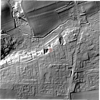 Shaded relief map of the ground around LS255AP, computed from Environment Agency LiDAR. The ground here sits at about 18 m above sea level and falls 18 m across the surrounding 800 m. Surface water reaching this point runs off ground lying to the south-south-west, 7.6 m higher.
