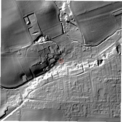 Shaded relief map of the ground around LS255AQ, computed from Environment Agency LiDAR. The ground here sits at about 15 m above sea level and falls 22 m across the surrounding 800 m. Surface water reaching this point runs off ground lying to the west-north-west, 19.2 m higher.