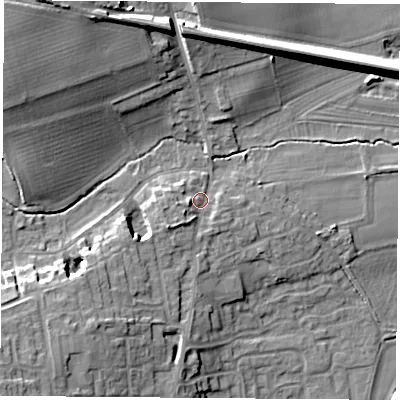 Shaded relief map of the ground around LS255AR, computed from Environment Agency LiDAR. The ground here sits at about 14 m above sea level and falls 18 m across the surrounding 800 m. Surface water reaching this point runs off ground lying to the south-west, 3.9 m higher.