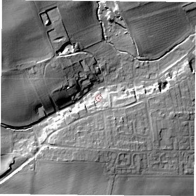 Shaded relief map of the ground around LS255BF, computed from Environment Agency LiDAR. The ground here sits at about 18 m above sea level and falls 22 m across the surrounding 800 m. Surface water reaching this point runs off ground lying to the south-south-east, 6.5 m higher.