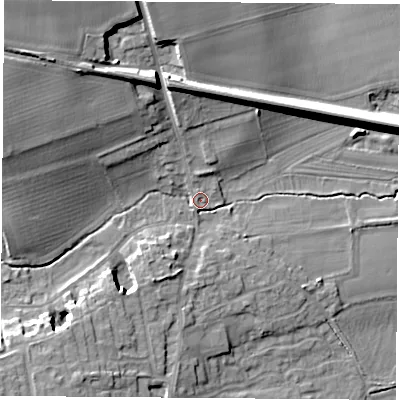 Shaded relief map of the ground around LS255BJ, computed from Environment Agency LiDAR. The ground here sits at about 13 m above sea level and falls 19 m across the surrounding 800 m. Surface water reaching this point runs off ground lying to the north-west, 14.9 m higher.