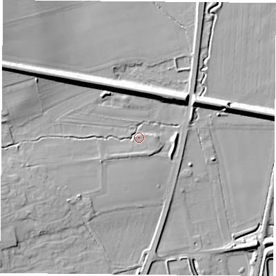 Shaded relief map of the ground around LS255BN, computed from Environment Agency LiDAR. The ground here sits at about 11 m above sea level and falls 15 m across the surrounding 800 m. Surface water reaching this point runs off ground lying to the south-west, 5.2 m higher.