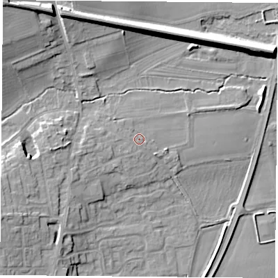 Shaded relief map of the ground around LS255BP, computed from Environment Agency LiDAR. The ground here sits at about 13 m above sea level and falls 16 m across the surrounding 800 m. Surface water reaching this point runs off ground lying to the west-south-west, 1.2 m higher.