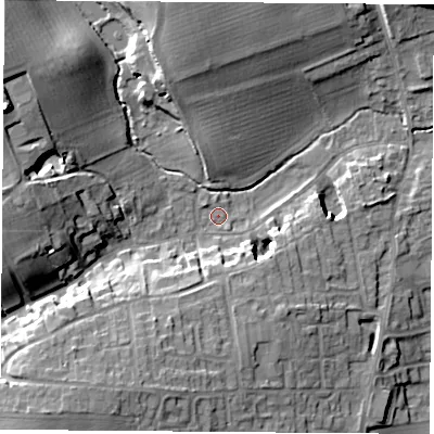 Shaded relief map of the ground around LS255BW, computed from Environment Agency LiDAR. The ground here sits at about 14 m above sea level and falls 20 m across the surrounding 800 m. Surface water reaching this point runs off ground lying to the south-south-west, 13.2 m higher.