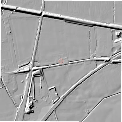 Shaded relief map of the ground around LS255BX, computed from Environment Agency LiDAR. The ground here sits at about 9 m above sea level and falls 12 m across the surrounding 800 m. Surface water reaching this point runs off ground lying to the south, 0.8 m higher.