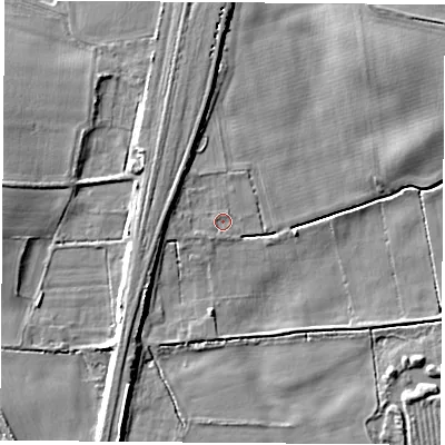 Shaded relief map of the ground around LS255DF, computed from Environment Agency LiDAR. The ground here sits at about 8 m above sea level and falls 7 m across the surrounding 800 m. Surface water reaching this point runs off ground lying to the west, 0.8 m higher.