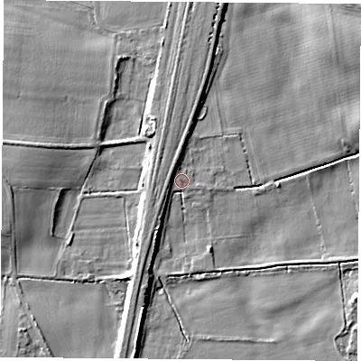 Shaded relief map of the ground around LS255DG, computed from Environment Agency LiDAR. The ground here sits at about 9 m above sea level and falls 8 m across the surrounding 800 m. Surface water reaching this point runs off ground lying to the south-west, 2.9 m higher.