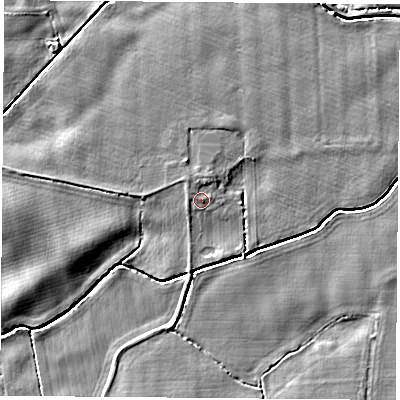 Shaded relief map of the ground around LS255DH, computed from Environment Agency LiDAR. The ground here sits at about 8 m above sea level and falls 5 m across the surrounding 800 m. Surface water reaching this point runs off ground lying to the north-north-east, 0.7 m higher.