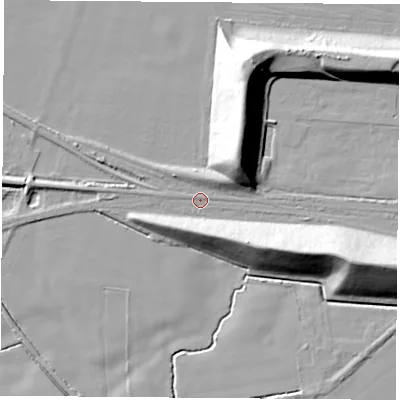 Shaded relief map of the ground around LS255DL, computed from Environment Agency LiDAR. The ground here sits at about 9 m above sea level and falls 23 m across the surrounding 800 m. Surface water reaching this point runs off ground lying to the east-south-east, 19.2 m higher.