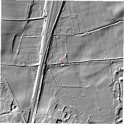 Shaded relief map of the ground around LS255DQ, computed from Environment Agency LiDAR. The ground here sits at about 9 m above sea level and falls 14 m across the surrounding 800 m. Surface water reaching this point runs off ground lying to the south-east, 1.3 m higher.