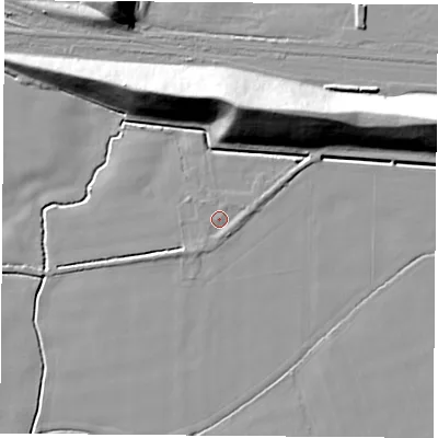 Shaded relief map of the ground around LS255DW, computed from Environment Agency LiDAR. The ground here sits at about 9 m above sea level and falls 23 m across the surrounding 800 m. Surface water reaching this point runs off ground lying to the south-south-east, 1.0 m higher.