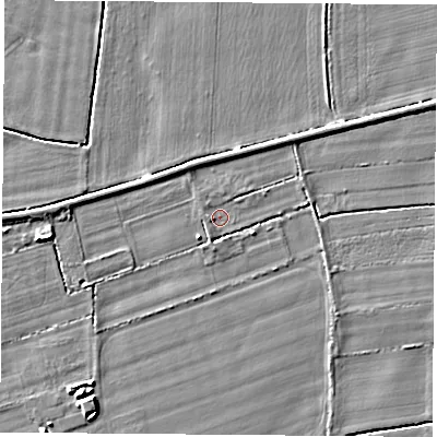 Shaded relief map of the ground around LS255EJ, computed from Environment Agency LiDAR. The ground here sits at about 8 m above sea level and falls 5 m across the surrounding 800 m. Surface water reaching this point runs off ground lying to the west, 0.9 m higher.