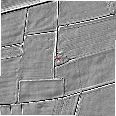 Shaded relief map of the ground around LS255EL, computed from Environment Agency LiDAR. The ground here sits at about 8 m above sea level and falls 3 m across the surrounding 800 m. Surface water reaching this point runs off ground lying to the west, 0.5 m higher.