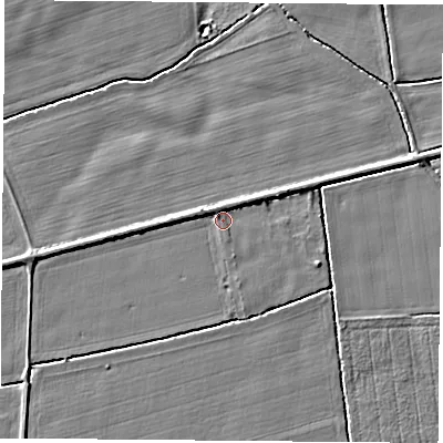 Shaded relief map of the ground around LS255EN, computed from Environment Agency LiDAR. The ground here sits at about 8 m above sea level and falls 4 m across the surrounding 800 m. Surface water reaching this point runs off ground lying to the north-north-east, 1.7 m higher.