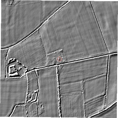 Shaded relief map of the ground around LS255EP, computed from Environment Agency LiDAR. The ground here sits at about 9 m above sea level and falls 4 m across the surrounding 800 m. Surface water reaching this point runs off ground lying to the south-east, 0.6 m higher.