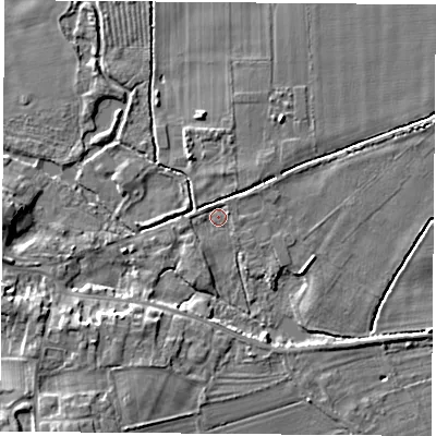 Shaded relief map of the ground around LS255ER, computed from Environment Agency LiDAR. The ground here sits at about 9 m above sea level and falls 9 m across the surrounding 800 m. Surface water reaching this point runs off ground lying to the south-west, 8.3 m higher.