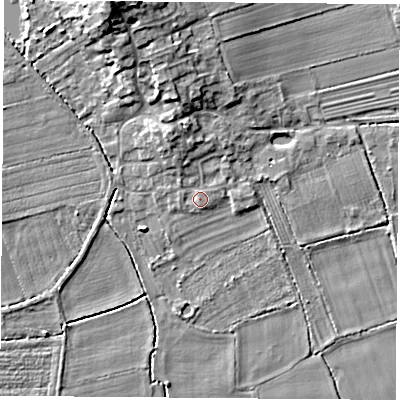 Shaded relief map of the ground around LS255HL, computed from Environment Agency LiDAR. The ground here sits at about 9 m above sea level and falls 12 m across the surrounding 800 m. Surface water reaching this point runs off ground lying to the north-north-west, 3.6 m higher.