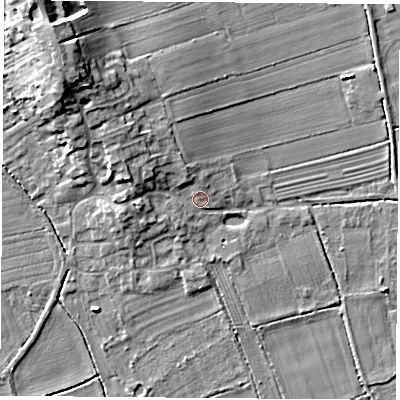 Shaded relief map of the ground around LS255HP, computed from Environment Agency LiDAR. The ground here sits at about 10 m above sea level and falls 12 m across the surrounding 800 m. Surface water reaching this point runs off ground lying to the west-north-west, 4.6 m higher.