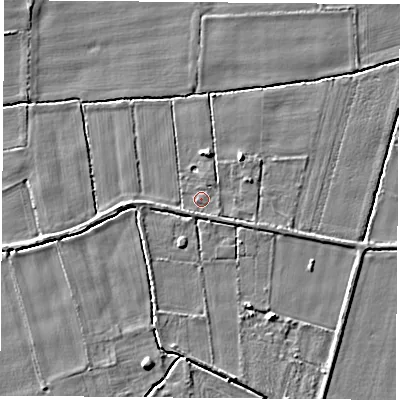 Shaded relief map of the ground around LS255HR, computed from Environment Agency LiDAR. The ground here sits at about 8 m above sea level and falls 3 m across the surrounding 800 m. Surface water reaching this point runs off ground lying to the east-north-east, 1.0 m higher.