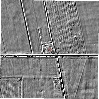Shaded relief map of the ground around LS255HT, computed from Environment Agency LiDAR. The ground here sits at about 8 m above sea level and falls 2 m across the surrounding 800 m. Surface water reaching this point runs off ground lying to the north-north-east, 0.6 m higher.