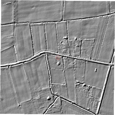 Shaded relief map of the ground around LS255HU, computed from Environment Agency LiDAR. The ground here sits at about 8 m above sea level and falls 3 m across the surrounding 800 m. Surface water reaching this point runs off ground lying to the north-west, 1.3 m higher.