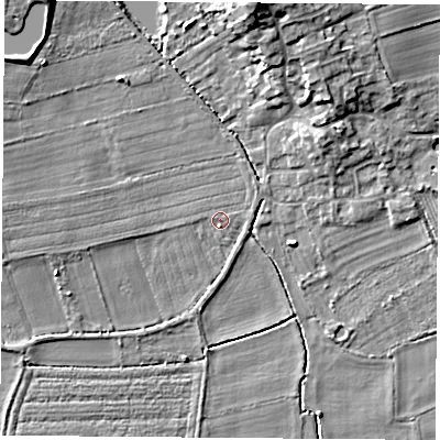 Shaded relief map of the ground around LS255HW, computed from Environment Agency LiDAR. The ground here sits at about 9 m above sea level and falls 11 m across the surrounding 800 m. Surface water reaching this point runs off ground lying to the west-south-west, 3.1 m higher.