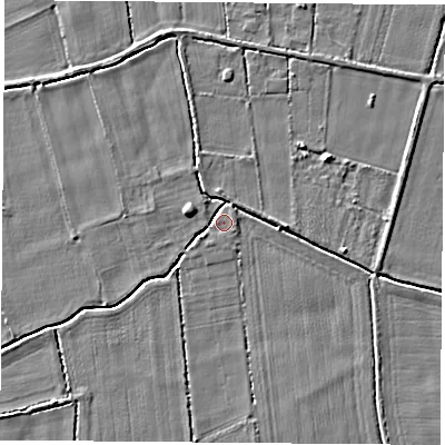 Shaded relief map of the ground around LS255HX, computed from Environment Agency LiDAR. The ground here sits at about 8 m above sea level and falls 4 m across the surrounding 800 m. The ground contributing surface water to this point lies to the south-south-west.