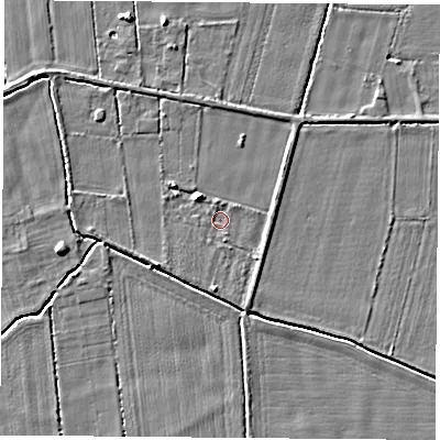 Shaded relief map of the ground around LS255JJ, computed from Environment Agency LiDAR. The ground here sits at about 7 m above sea level and falls 4 m across the surrounding 800 m. Surface water reaching this point runs off ground lying to the south-west, 1.7 m higher.