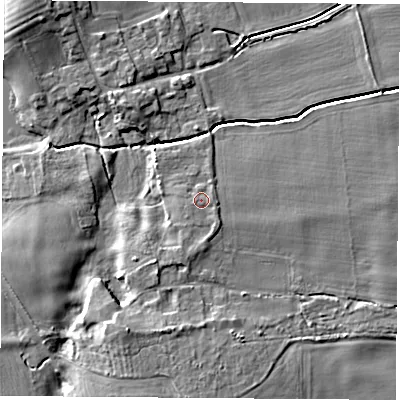 Shaded relief map of the ground around LS255JU, computed from Environment Agency LiDAR. The ground here sits at about 11 m above sea level and falls 8 m across the surrounding 800 m. Surface water reaching this point runs off ground lying to the south-south-west, 1.2 m higher.