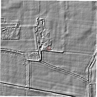 Shaded relief map of the ground around LS255NB, computed from Environment Agency LiDAR. The ground here sits at about 9 m above sea level and falls 5 m across the surrounding 800 m. Surface water reaching this point runs off ground lying to the west, 0.8 m higher.