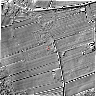 Shaded relief map of the ground around LS255NQ, computed from Environment Agency LiDAR. The ground here sits at about 9 m above sea level and falls 7 m across the surrounding 800 m. Surface water reaching this point runs off ground lying to the west-north-west, 3.2 m higher.