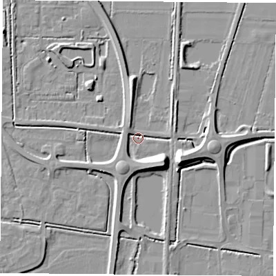 Shaded relief map of the ground around LS256DU, computed from Environment Agency LiDAR. The ground here sits at about 8 m above sea level and falls 9 m across the surrounding 800 m. Surface water reaching this point runs off ground lying to the east-south-east, 8.8 m higher.