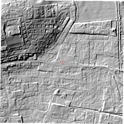 Shaded relief map of the ground around LS256DZ, computed from Environment Agency LiDAR. The ground here sits at about 10 m above sea level and falls 20 m across the surrounding 800 m. The ground contributing surface water to this point lies to the east-north-east.